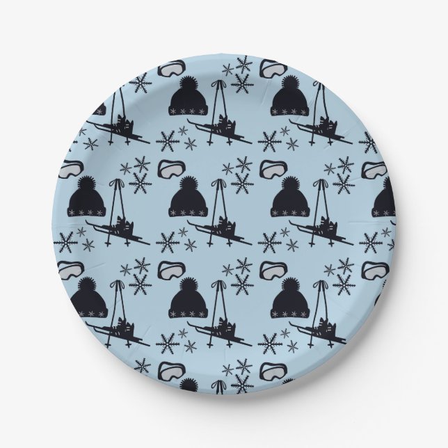 Schwarze Skiausrüstung und Schneeflocken auf blau Pappteller (Vorderseite)