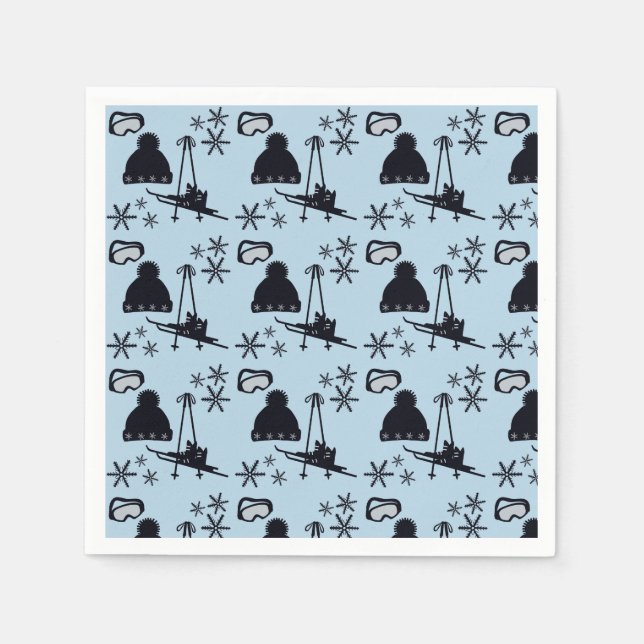 Schwarze Skiausrüstung und Schneeflocken auf blau Serviette (Vorderseite)