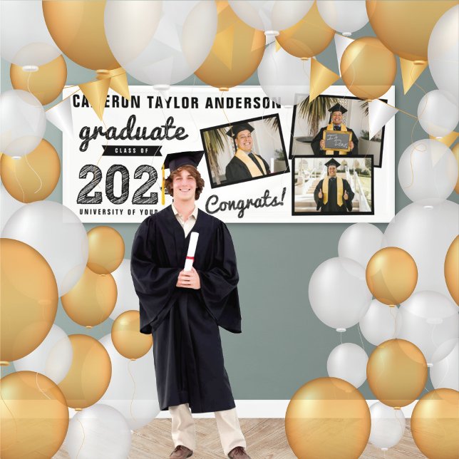 Schwarze Skizze 2023 Drei Foto Collage Grad Party Banner (2024 White & Black Sketch 3 Photo, Modern Graduation Party Banner @ www.zazzle.com/color_therapy)