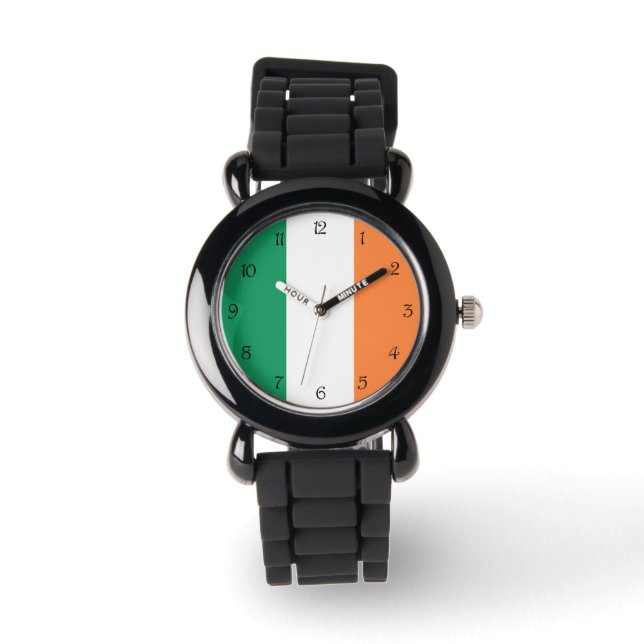 Schwarze Skriptnummern auf irischem Flag Armbanduhr (Vorderseite)