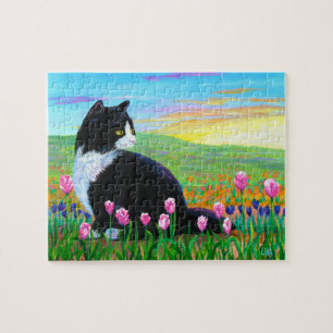 Schwarze Smokings-Katzen-Tulpe-Kunst Creationarts Puzzle