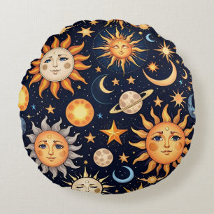 Schwarze Sonne und Mond Rundes Kissen
