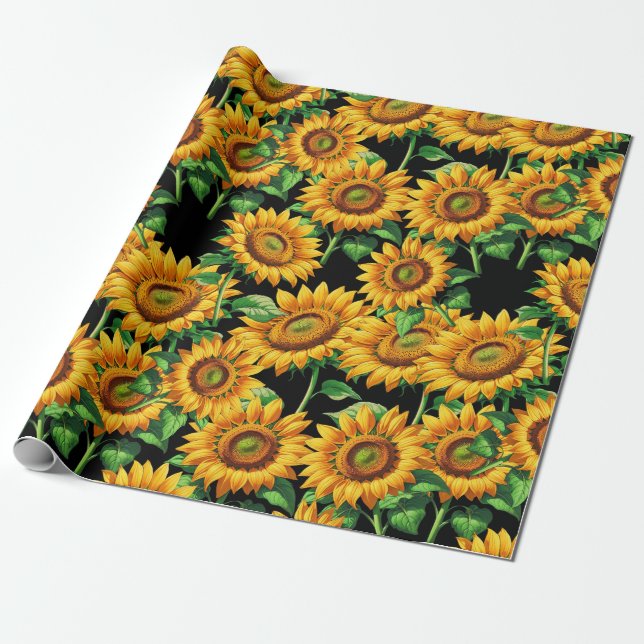Schwarze Sonnenblumen Blumencotattage Muster Geschenkpapier (Ungerollt)