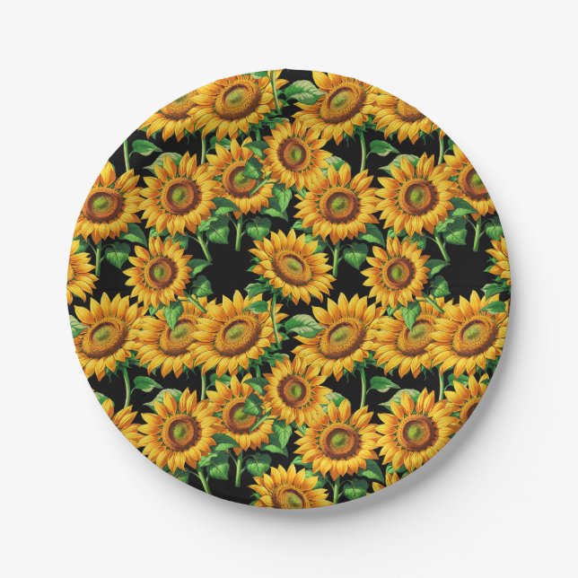 Schwarze Sonnenblumen Blumencotattage Muster Pappteller (Vorderseite)
