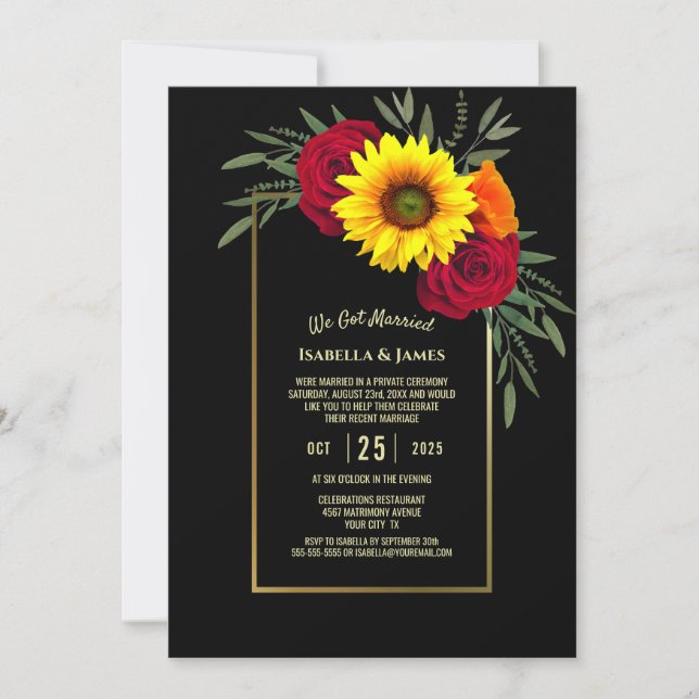 Schwarze Sonnenblumen Rose Hochzeitsempfang Einladung (Vorderseite)