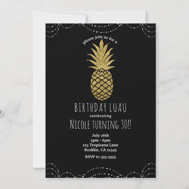 Schwarze Sparkle-Gold Ananas-Party Einladungen (Vorderseite)