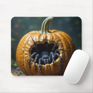 Schwarze Spinne kriecht aus Kürbis Mousepad