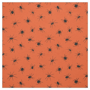 Schwarze Spinnen, Gemustert auf Orange Halloween Stoff