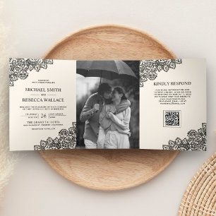 Schwarze Spitze Elfenbein Creme Foto QR Code Hochz Dreifach Gefaltete Einladung