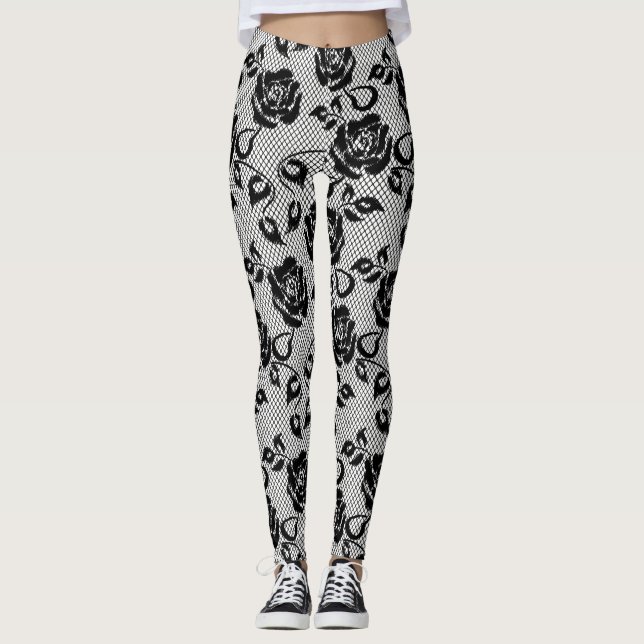 Schwarze Spitze mit Rosen auf weißen Leggings (Vorderseite)