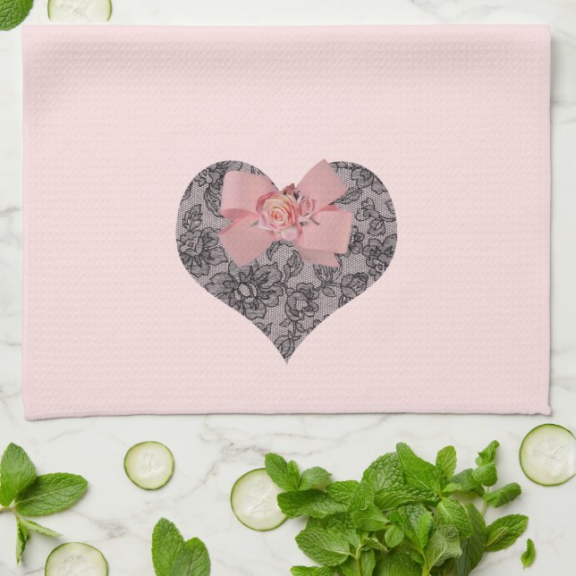 Schwarze Spitze und Rosen Geschirrtuch (Gefaltet)