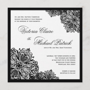 Schwarze Spitze Weiße Leinen Quadratische Hochzeit Einladung