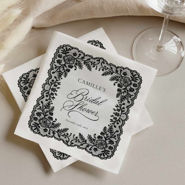 Schwarze Spitzen-Hochzeitsdusche-Papier-Servietten Serviette (Black Lace Bridal Shower Paper Napkins)