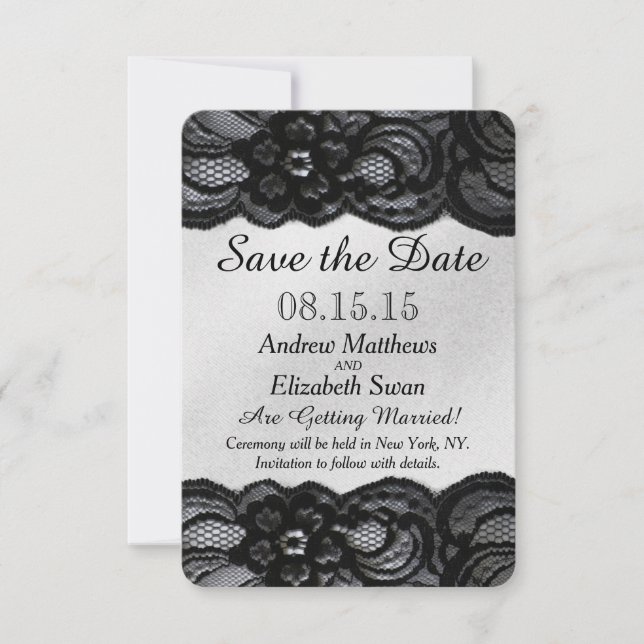 Schwarze Spitzen und Satin Save the Date (Vorderseite)