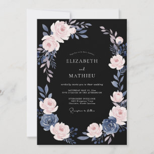 Schwarze staubige rosa blättrige Hochzeit Einladung