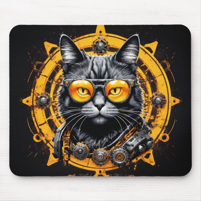 Schwarze Steampunkatze mit orangefarbenen Brillen Mousepad (Vorne)