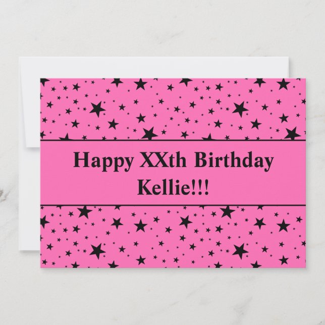 Schwarze Sterne auf rosa mit Botschaft zum Geburts Einladung (Vorderseite)