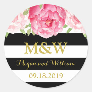 Schwarze Streifen Florales Monogramm Hochzeitsgesc Runder Aufkleber