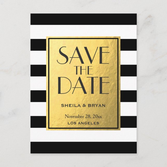 Schwarze Streifen Gold Foil Save the Date Postkart Ankündigungspostkarte (Vorderseite)