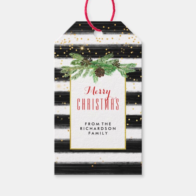 Schwarze Streifen mit goldenen Confetti und Kiefer Geschenkanhänger (Vorderseite)