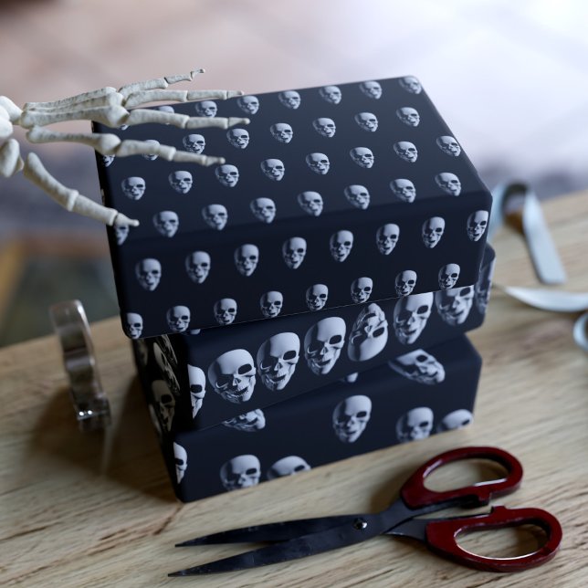 Schwarze Streifenpapier-Blätter mit schwarzem Must Geschenkpapier Set (A trio of skull pattern wrapping paper sheets suitable for all birthdays on Halloween)