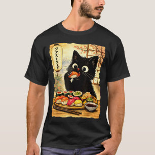 Schwarze süße Katze isst Sushi Kawaii japanisches T-Shirt