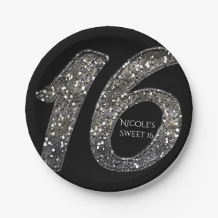 Schwarze Sweet 16 Silber Glitter Glam Geburtstagsf Pappteller