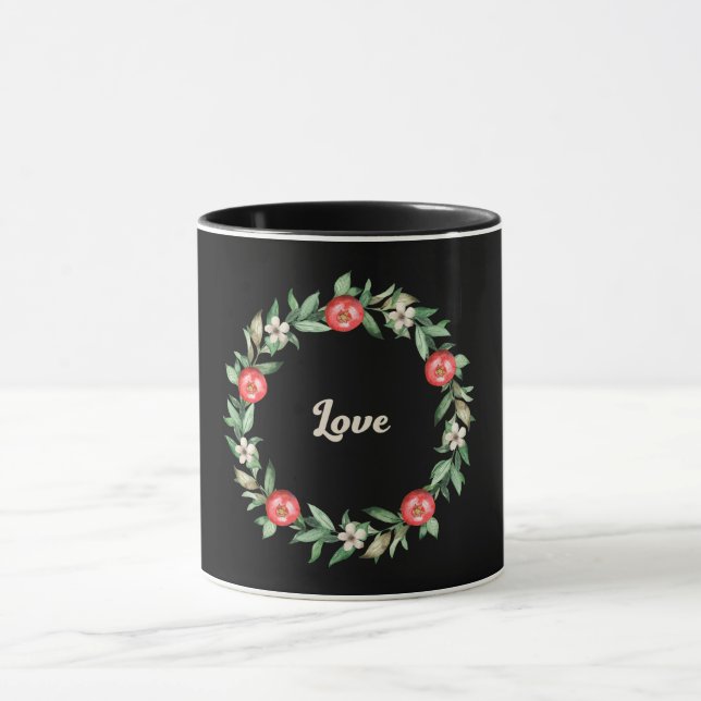 Schwarze Tasse mit rosa Granatapfeldrucke, Liebe (Zentrum)