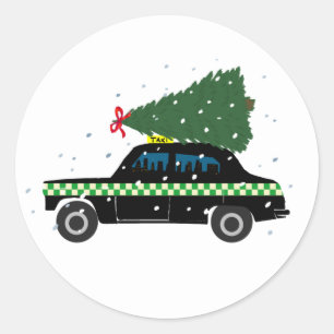 Schwarze Taxi-Weihnachtsbaum-Zeichnung Schnee Runder Aufkleber