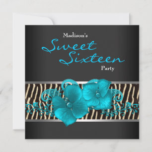 Schwarze Teal Blau Zebra Sweet 16 Geburtstagsfeier Einladung