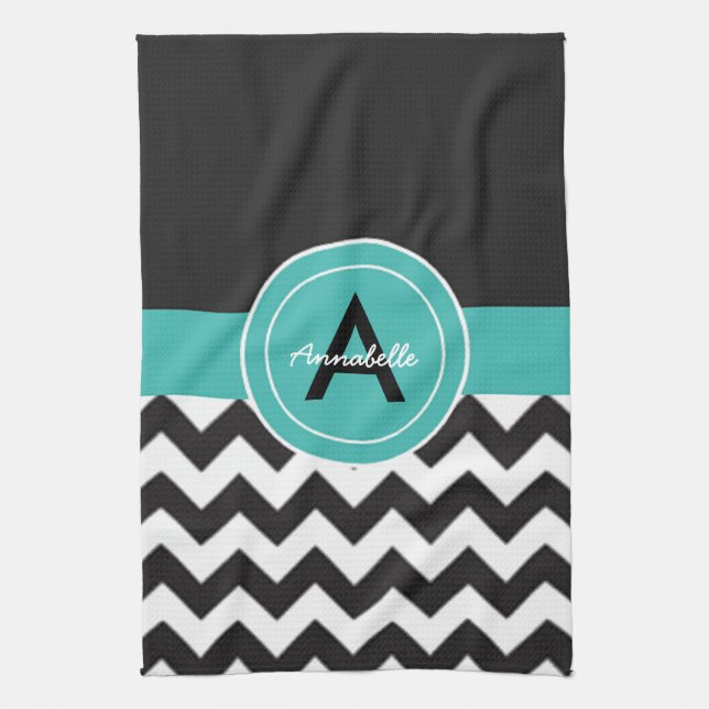 Schwarze Teal Chevron Geschirrtuch (Vertikal)