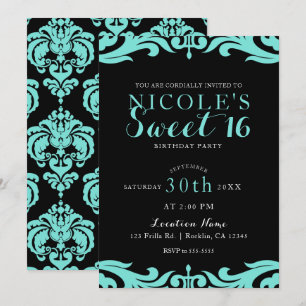 Schwarze & Teal Damast Chic Elegante Sweet 16 Feie Einladung