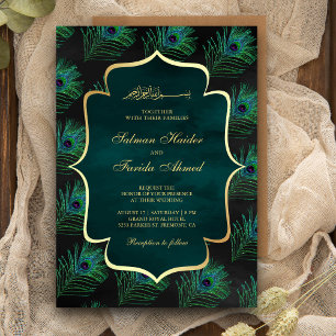 Schwarze Teal-Pfauenfedern Muslimische Hochzeit Einladung
