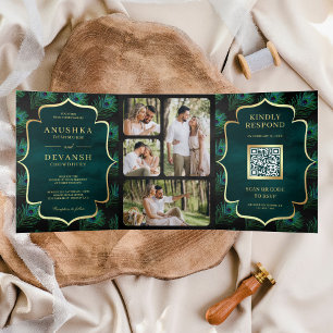 Schwarze Teal-Pfauenfedern QR-Code Hochzeit Dreifach Gefaltete Einladung