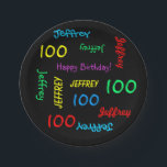 Schwarze Teller, 100. Geburtstagspartei Wiederholu Pappteller<br><div class="desc">Was für ein wunderschöner, personalisierter Papierteller für eine 100. Geburtstagsfeier oder jede andere Gelegenheit. Name und Alter wiederholen sich in verschiedenen Schriftart und Primärfarben auf einem schwarzen Hintergrund. Einfach zu personalisieren - einfach den NAME, das Alter und die OCCASION an einem Ort verändern. Unterstützt Namen bis zu 9 Zeichen. Eine...</div>