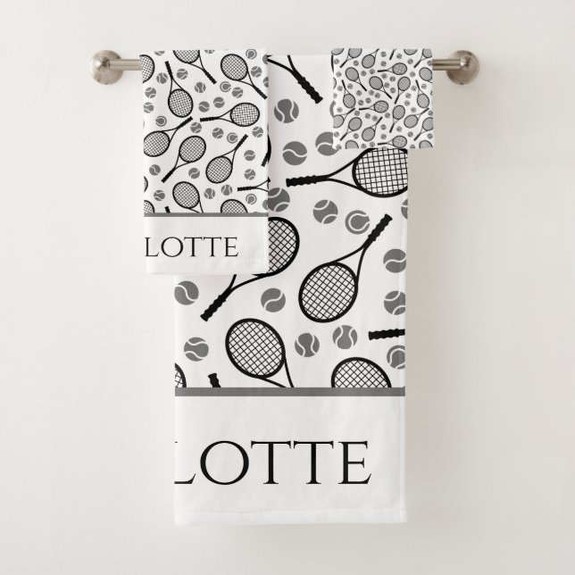 Schwarze Tennisschläger und graue Bälle, individue Badhandtuch Set (Insitu)