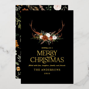 Schwarze Terrakotta-Botanik elegante Hirsch-Blumen Folien Feiertagskarte