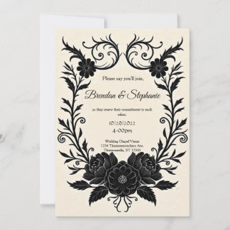 Schwarze Tinte Florale Vintage-Goth-Hochzeit Einladung