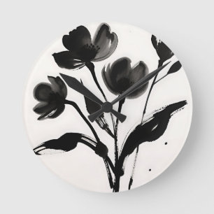 Schwarze Tintenblumenbouquet Runde Wanduhr