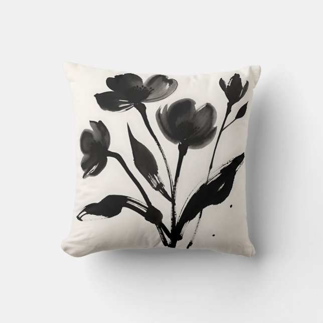 Schwarze Tintenblumenstrauß Kissen (Vorderseite)