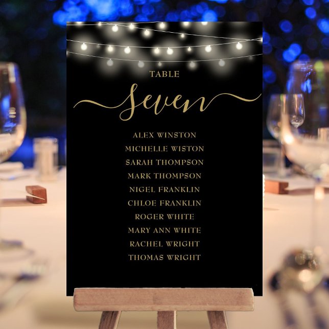 Schwarze Tischnummer (Black Gold Lights Table Number Seating Chart)