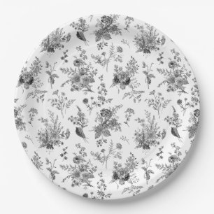 Schwarze Toile De Jouy Vintage Floral Chinoiserie Pappteller