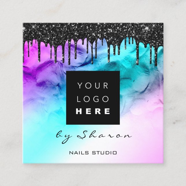 Schwarze Tropfen 6 Punches QRCodeLogo Haar Nail Pi Quadratische Visitenkarte (Vorderseite)