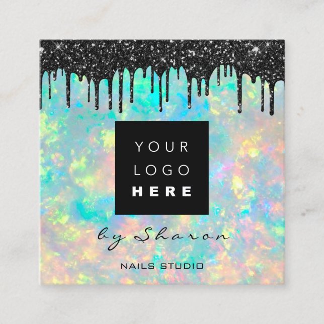 Schwarze Tropfen 6 Punches QRCodeLogo Hair Hologra Quadratische Visitenkarte (Vorderseite)