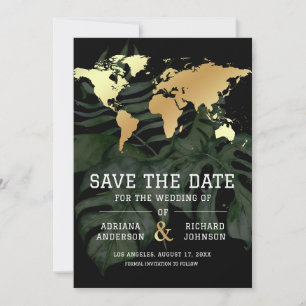 Schwarze tropische Hochzeitsweltkarte Goldene Hoch Save The Date