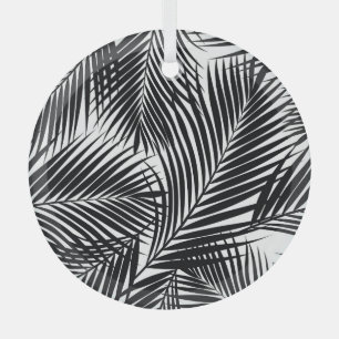Schwarze tropische Palmblätter, weißer Hintergrund Ornament Aus Glas