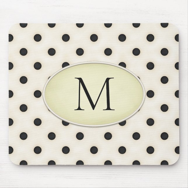 Schwarze Tupfen Elfenbein & Hellgelb Monogrammiert Mousepad (Vorne)