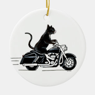Schwarze Tuxedo-Katze auf Motorrad Keramik Ornament