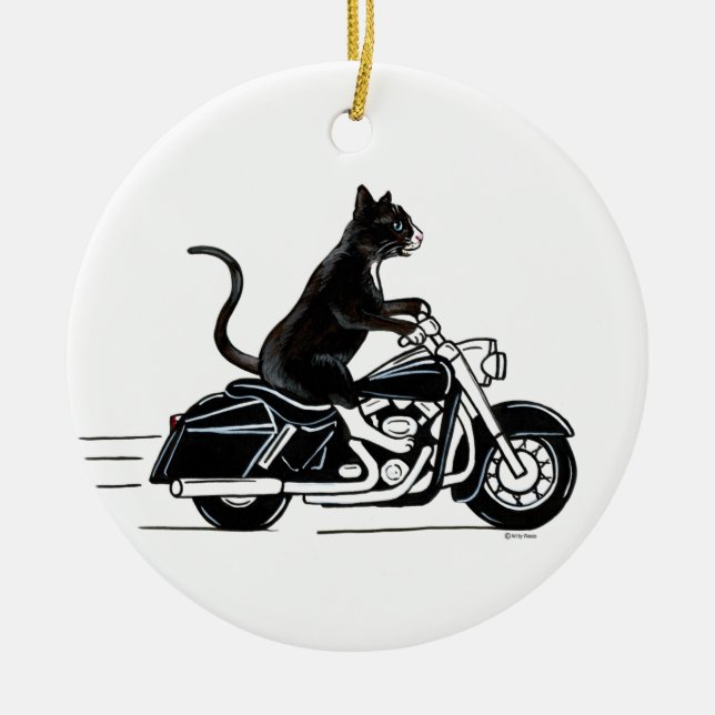 Schwarze Tuxedo-Katze auf Motorrad Keramik Ornament (Vorne)