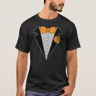 Schwarze Tuxedoart mit orange Bowtie u. Rose T-Shirt